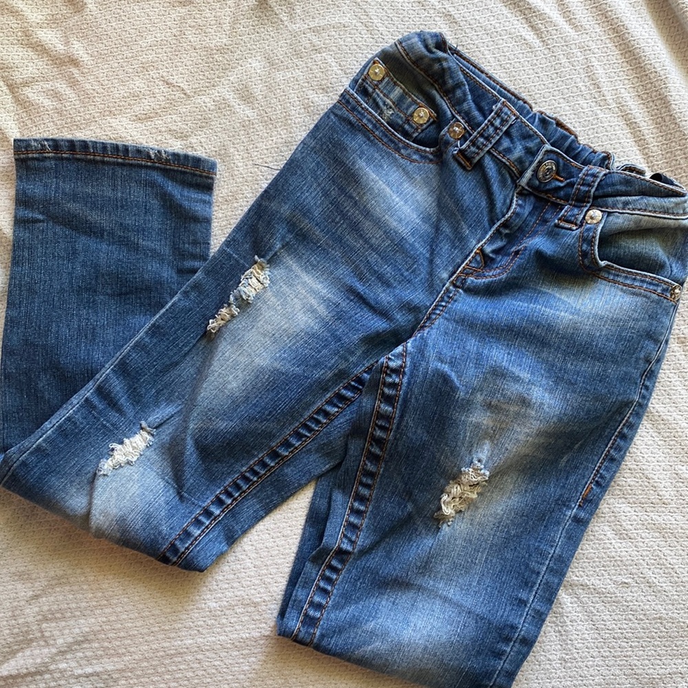 True Religion sz 7 kids distressed slim straight denim jean | adjustable waist